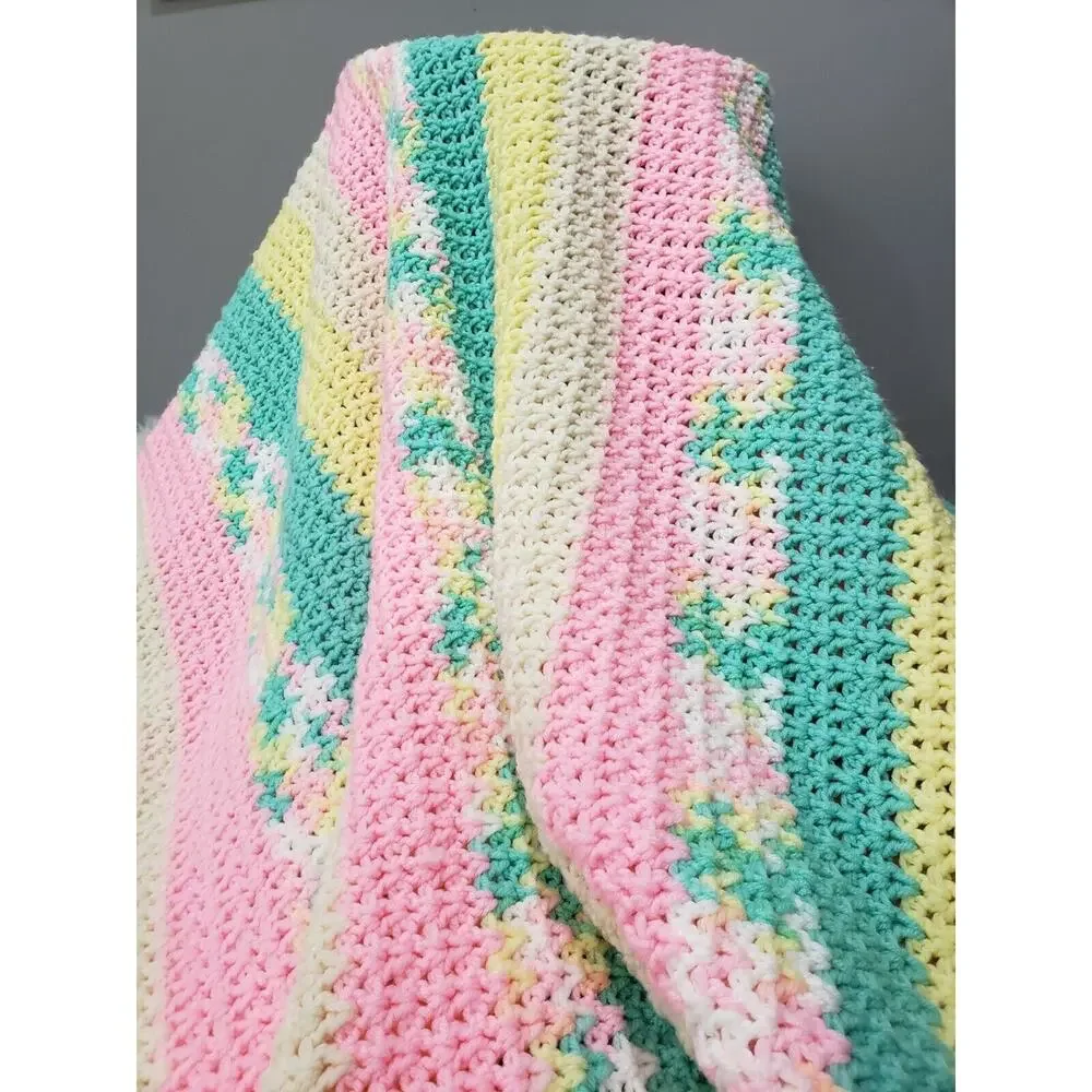 Vintage pink yellow green afghan blanket throw nursery y2k‎ bedroom decor easter